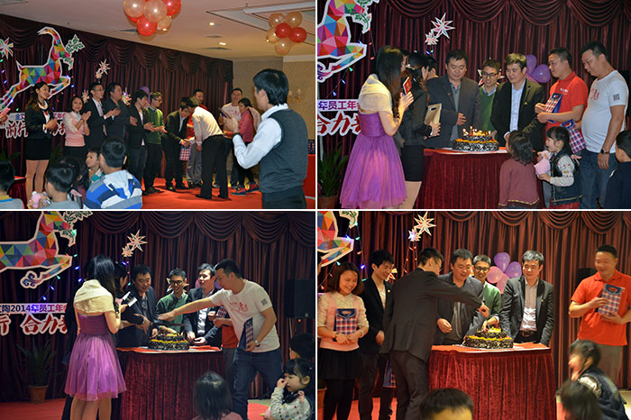 为生日的员工送上蛋糕，董事长还为寿星们送上精美礼物