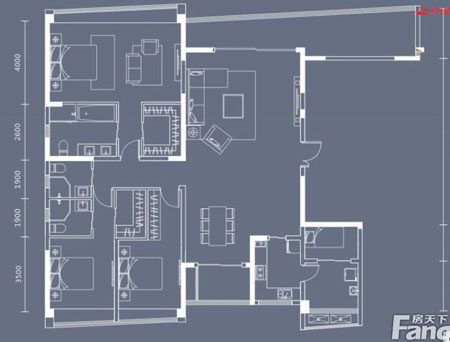 本单元的设计关键词：净、雅、简、时尚。客厅是主人品位的象征，本客厅的墙面没有过多的装饰，客餐厅的酒柜设计更是凸显了主人的品味格调，而本设计客厅没有主灯，让人感觉视野比较开阔。